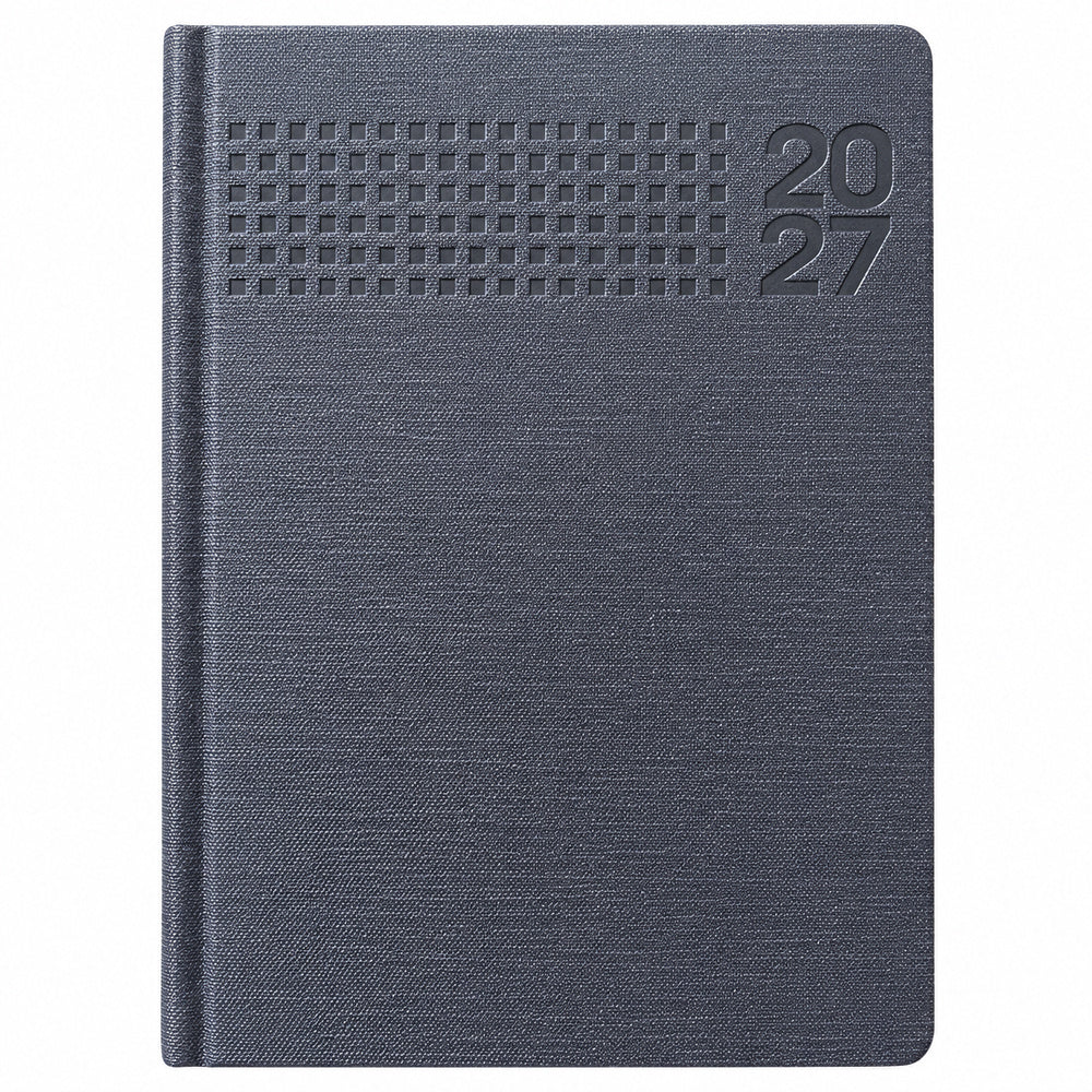 Agenda Diver Class DC/64 2027, SKU 40092-3: cubierta gris azulada, con textura, seis filas de cuadrados y año 20/27. Fotografía retocada sobre blanco sin envoltorio.