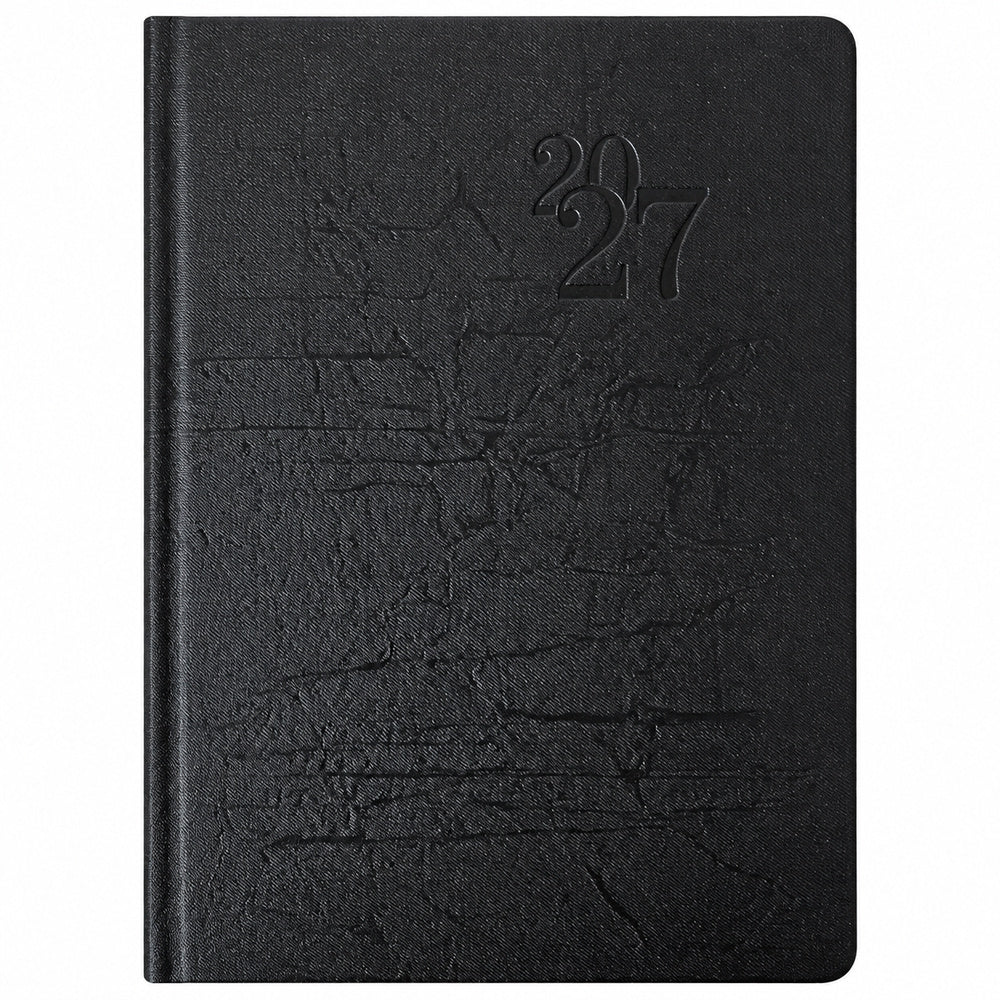 Agenda Diver Class DC/66 2027 color negro. Fotografía retocada sobre fondo blanco conservando la textura y el relieve decorativo.