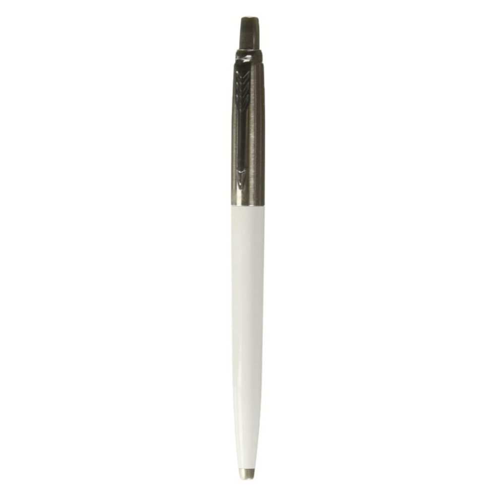 Bolígrafo Parker Jotter blanco y plata sobre fondo blanco