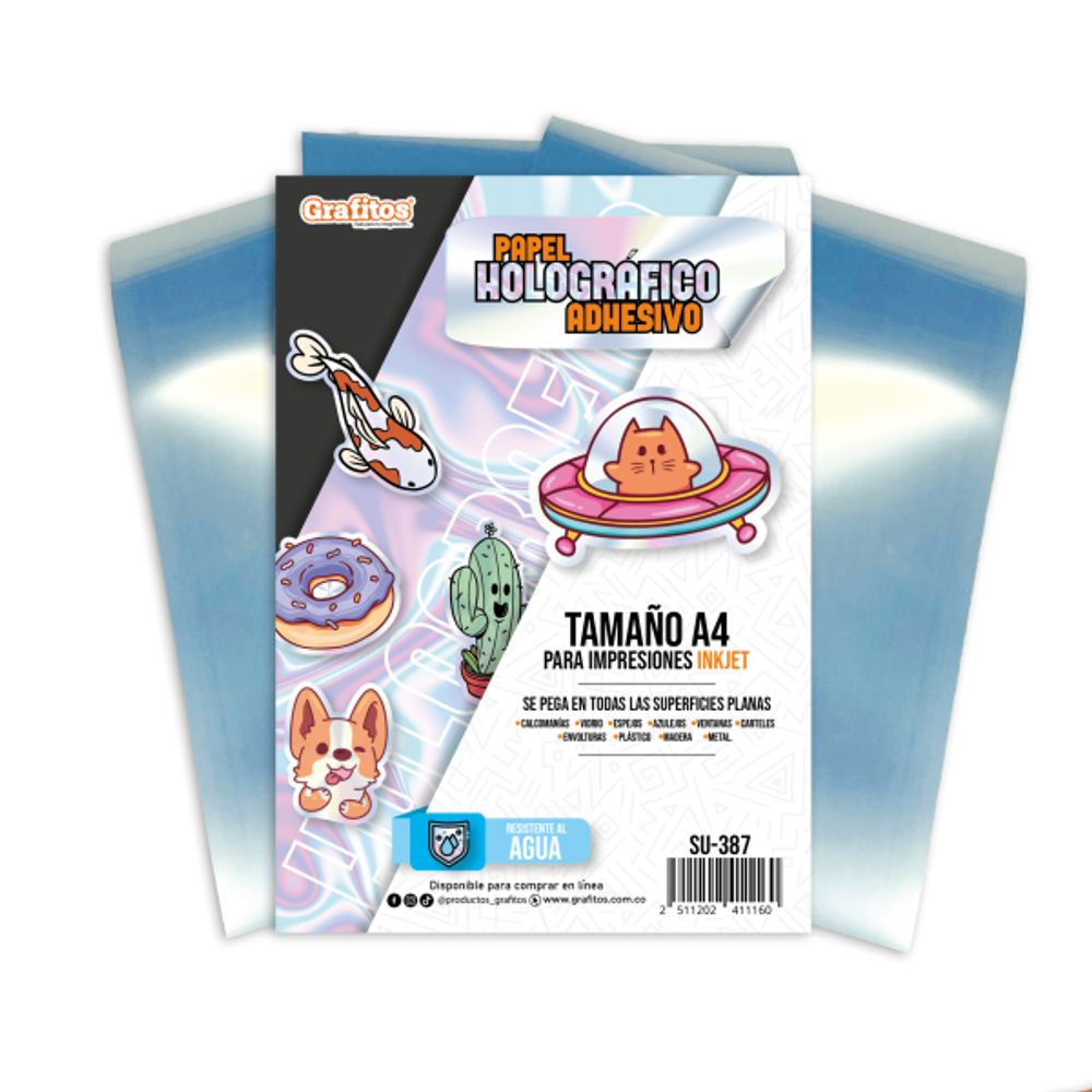 Papel holográfico adhesivo Grafitos SU-387, tamaño A4, paquete de 20 hojas para impresora inkjet. Fotografía del producto publicada por Grafitos, encuadrada sobre fondo blanco.