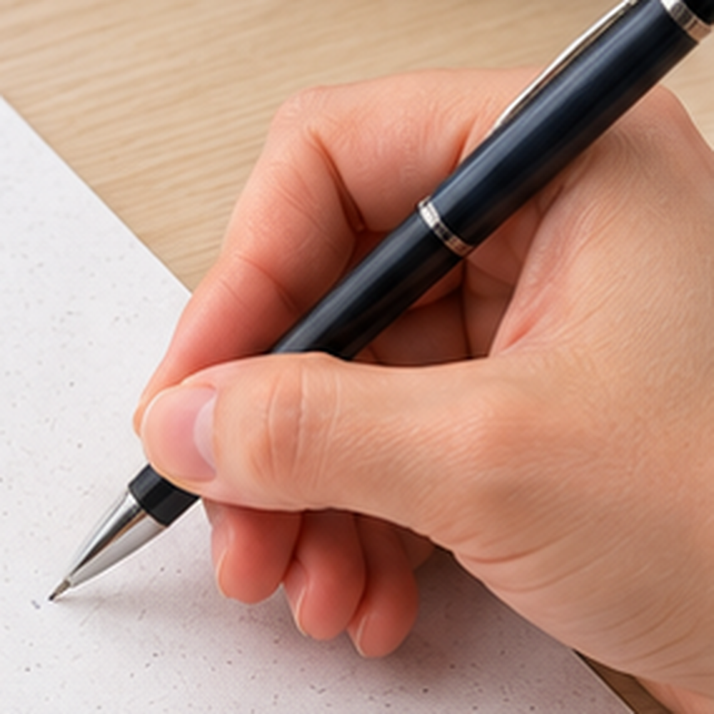 Ejemplo ilustrativo de uso: escritura y diligenciamiento manual de documentos en papel. Detalle de una escena generada por IA; no reproduce el diseño ni el contenido de los formularios o diplomas vendidos. Bolígrafo no incluido.