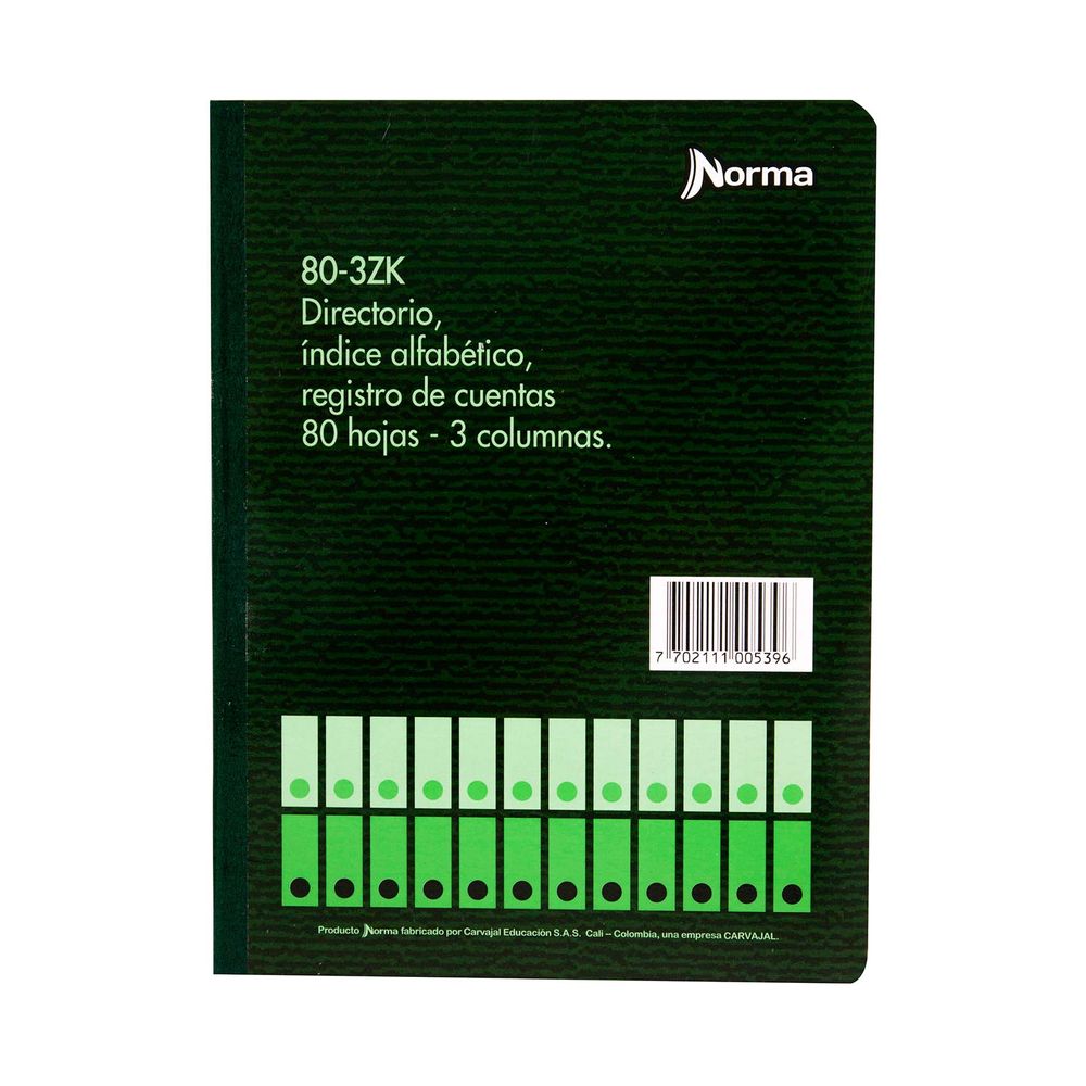 Libro de contabilidad Norma 80-3ZK, 80 hojas con índice alfabético y 3 columnas, imagen principal exacta sobre fondo blanco.