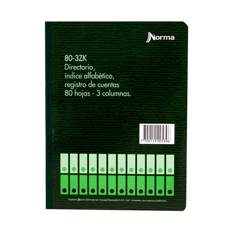 Libro de contabilidad Norma 80-3ZK de 80 hojas con índice alfabético, imagen principal sobre fondo blanco.
