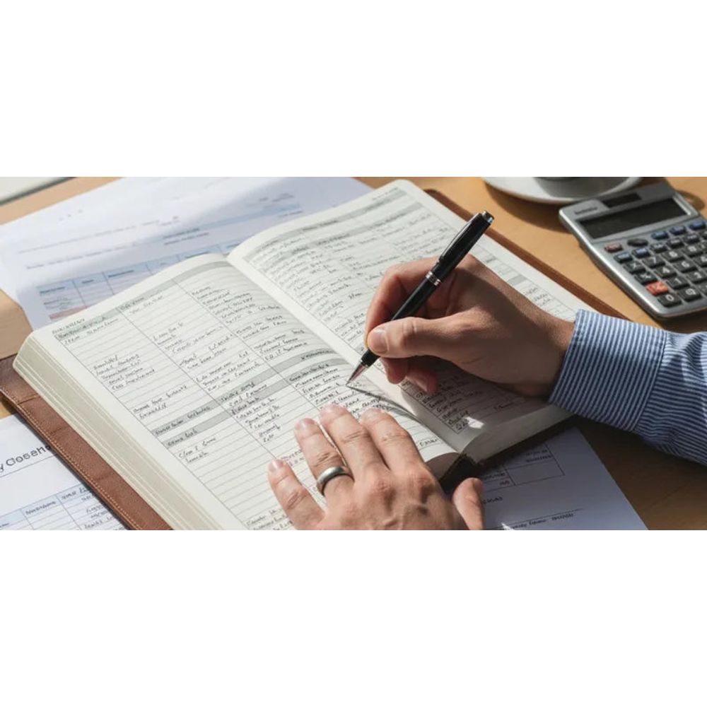 Ejemplo de uso de un libro de contabilidad con registros financieros escritos a mano.