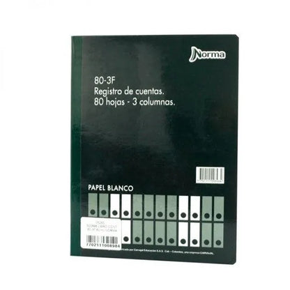 Libro de contabilidad Norma 80-3F de 80 hojas y 3 columnas, imagen principal sobre fondo blanco.
