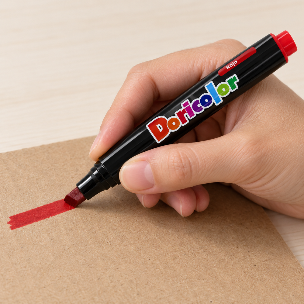 Imagen referencial de uso generada: Marcador permanente Doricolor rojo, punta biselada, 1 unidad