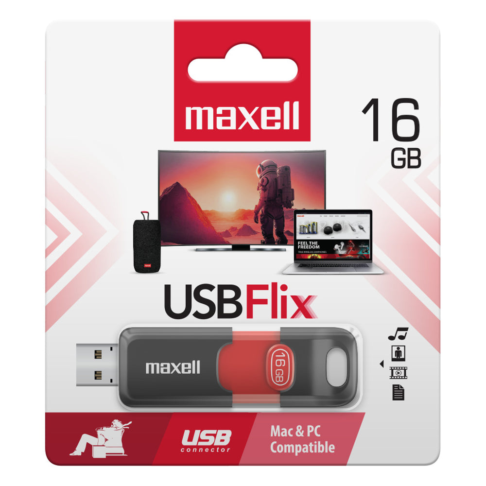 Memoria USB Maxell Flix de 16 GB en empaque individual. Fotografía de Maxell Chile, con margen blanco cuadrado y proporciones conservadas.
