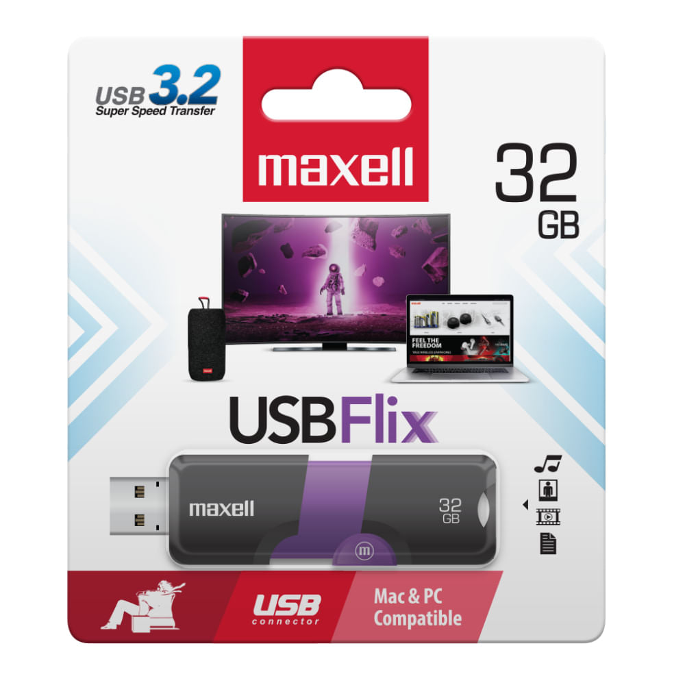 Memoria USB Maxell USBFlix de 32 GB, imagen principal sobre fondo blanco.