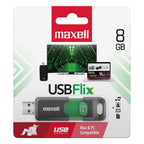 Memoria USB Maxell Flix de 8 GB en empaque individual. Fotografía de Maxell Chile, con margen blanco cuadrado y proporciones conservadas.