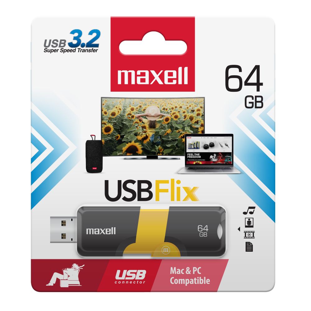 Memoria USB Maxell USBFlix de 64 GB, referencia 347493, imagen principal exacta sobre fondo blanco.