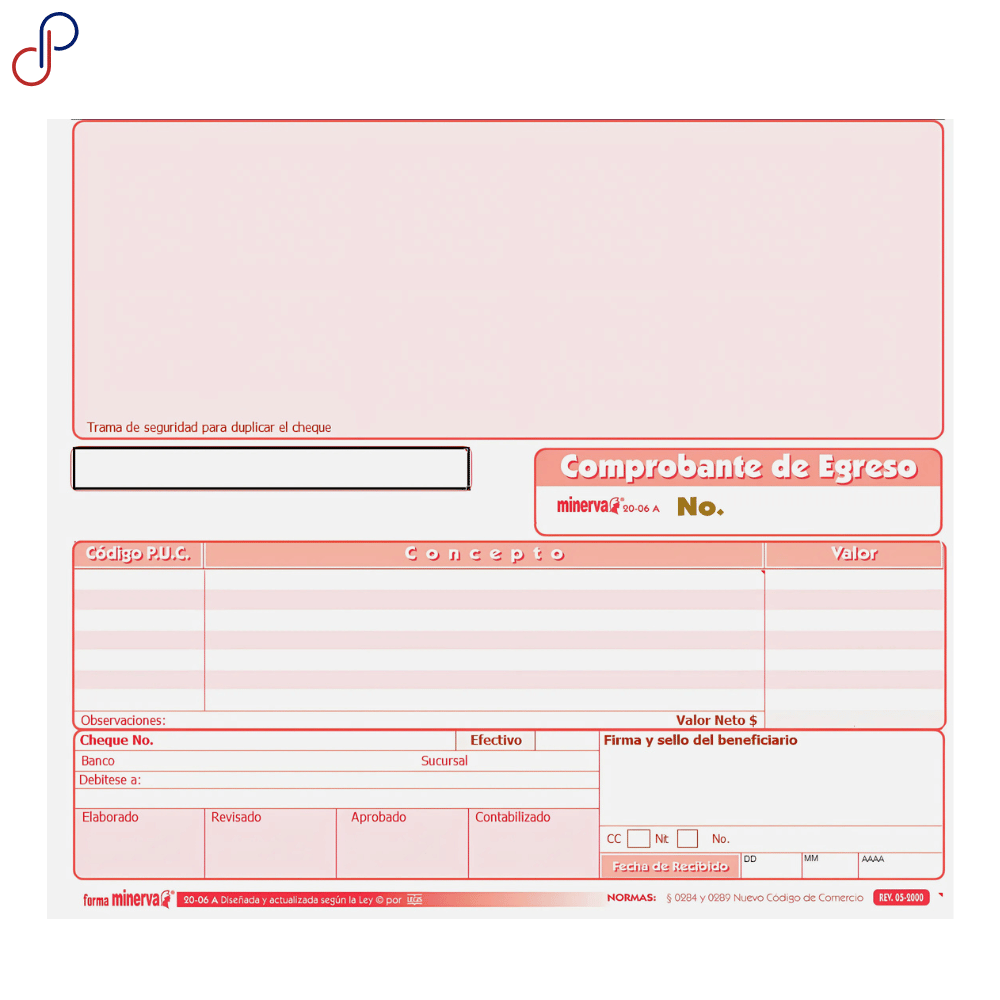 Comprobante de egreso cheque Minerva 2006A autocopiante x 50