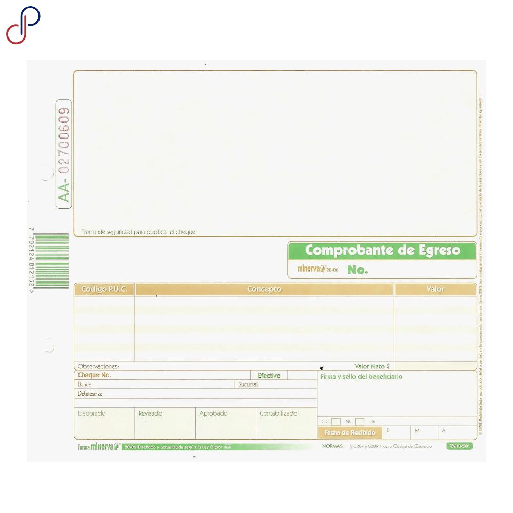 Comprobante de egreso cheque Minerva 2006 en bond ×100