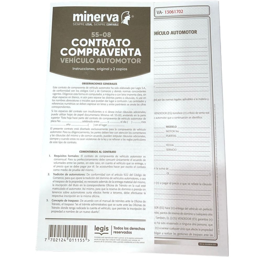 Contrato Minerva de compraventa de vehículo automotor, referencia 5508, imagen principal exacta sobre fondo blanco.
