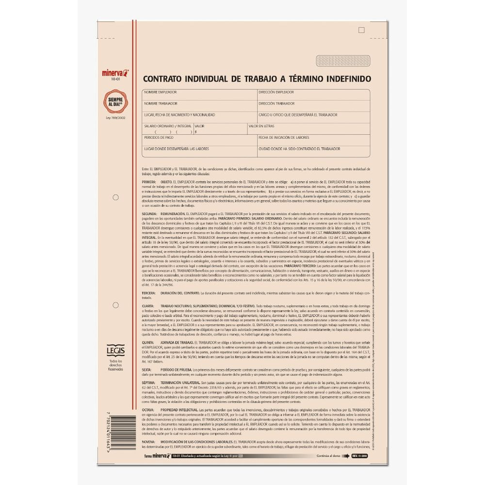 Contrato individual de trabajo Minerva a término indefinido, referencia 1001, imagen principal exacta sobre fondo blanco.
