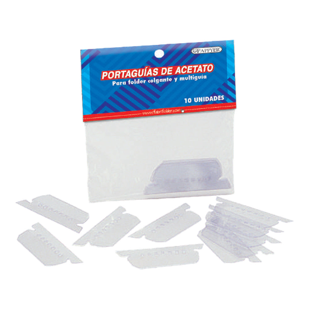 Portaguías de acetato transparente Fabrifolder, paquete de 10 unidades. Fotografía del catálogo oficial de oficina del fabricante, código 03603; producto y empaque originales conservados sobre fondo blanco.