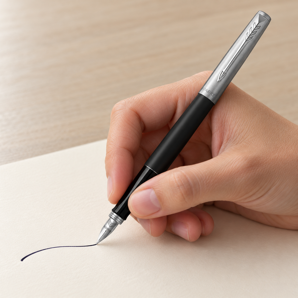 Imagen referencial de uso generada: Pluma Parker Jotter Originals negra y plateada | Ref. 2123537