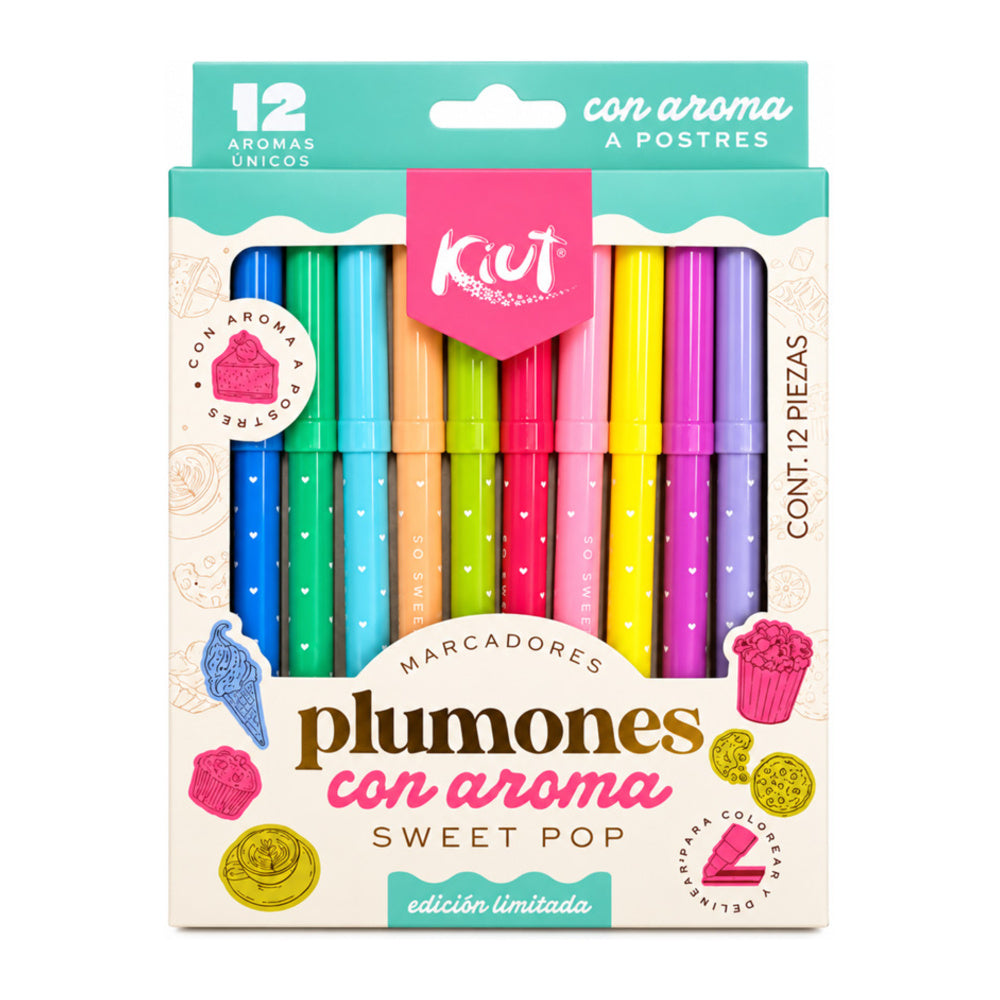 Marcadores con Aroma Kiut Norma x12 Colores. Fotografía de catálogo de www.papeleriamodelo.com, fondo blanco. SKU 40859-2.