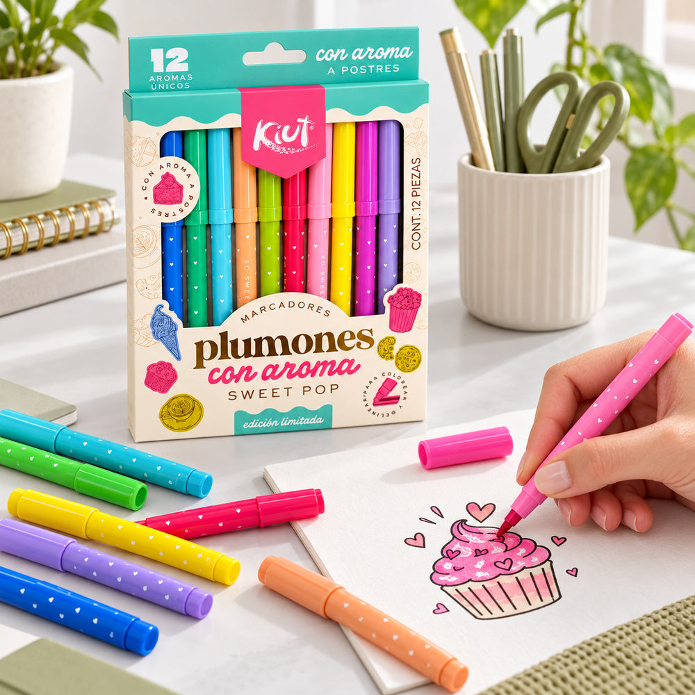 Ejemplo de uso ilustrativo generado con IA de Marcadores con Aroma Kiut Norma x12 Colores. SKU 40859-2. Los accesorios de la escena no están incluidos.