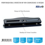 Perforadora de papel de tres huecos, capacidad indicada de 10 hojas, imagen principal sobre fondo blanco.