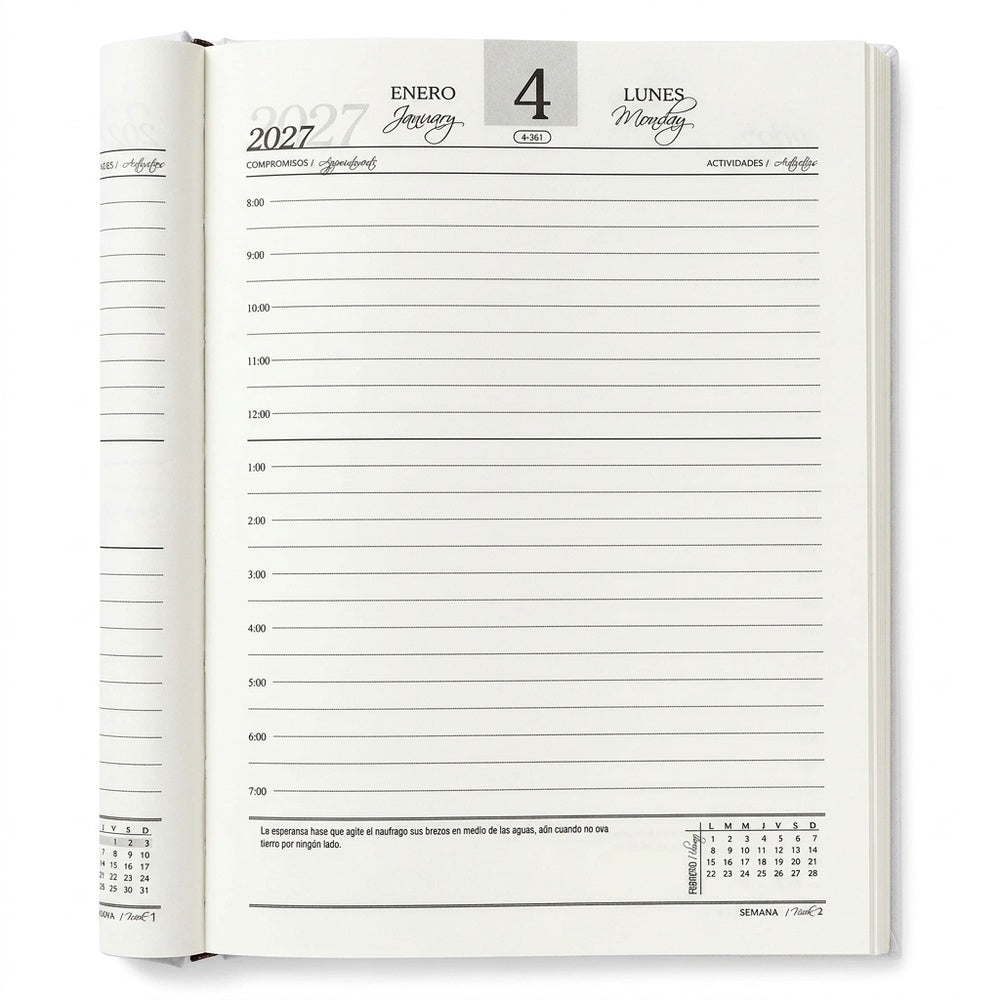 Agenda Diver Class DC/61 2027, SKU 41229-2: Interior diario aportado. Contenido de referencia suministrado, ajustado a 1000 x 1000 px.