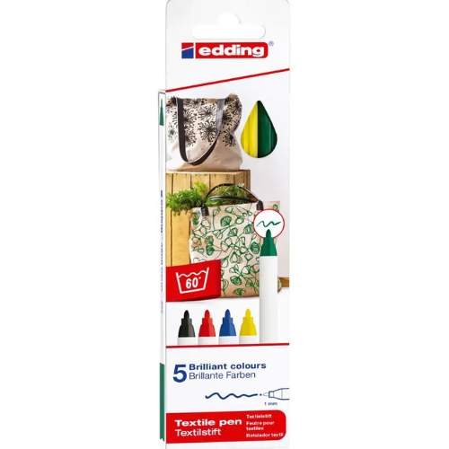 5 Marcadores de Colores Primarios Para Tela Edding 4600 Textile Pen - Punta 1mm