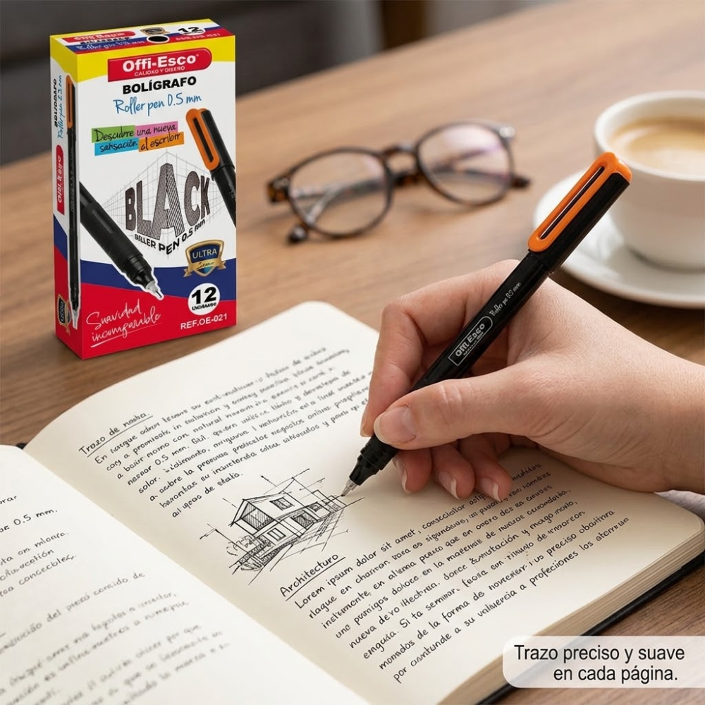Bolígrafo Offiesco Roller Pen 0.5 mm Tinta Mojada Negro – Escritura Fluida