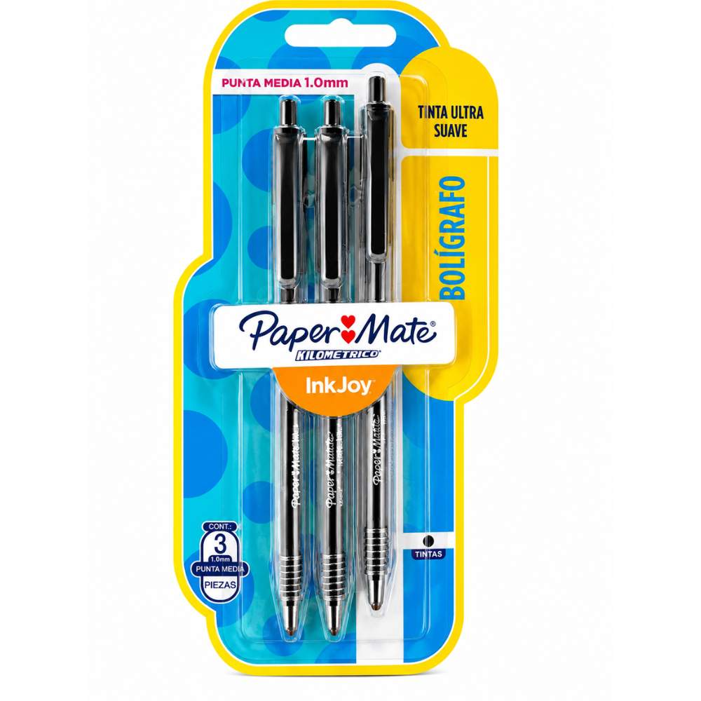 Bolígrafo Paper Mate Kilométrico InkJoy Retráctil Negro (Blíster x3)