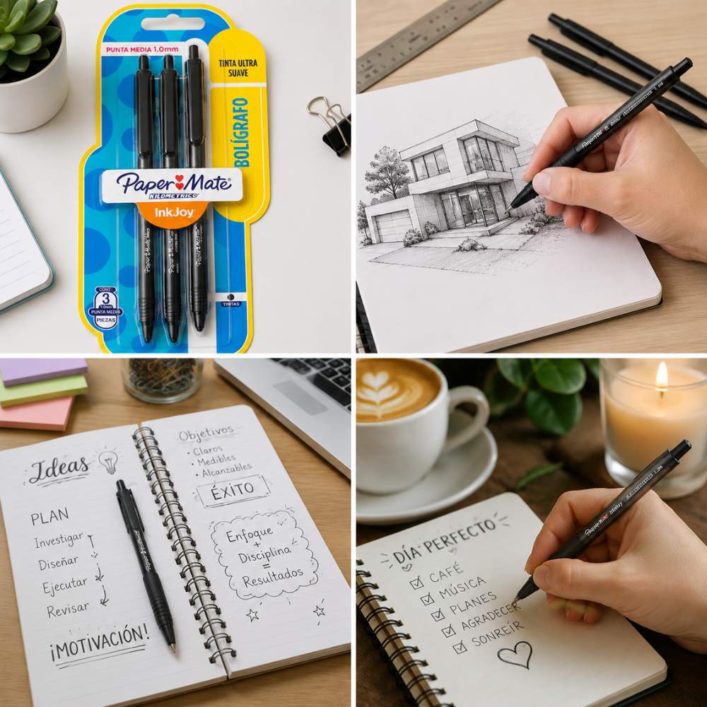 Bolígrafo Paper Mate Kilométrico InkJoy Retráctil Negro (Blíster x3)