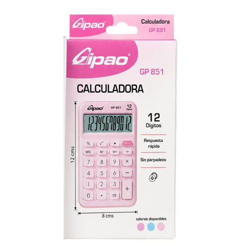 Calculadora Electrónica Compacta Gipao GP 851 - 12 Dígitos Rosa Claro Pastel