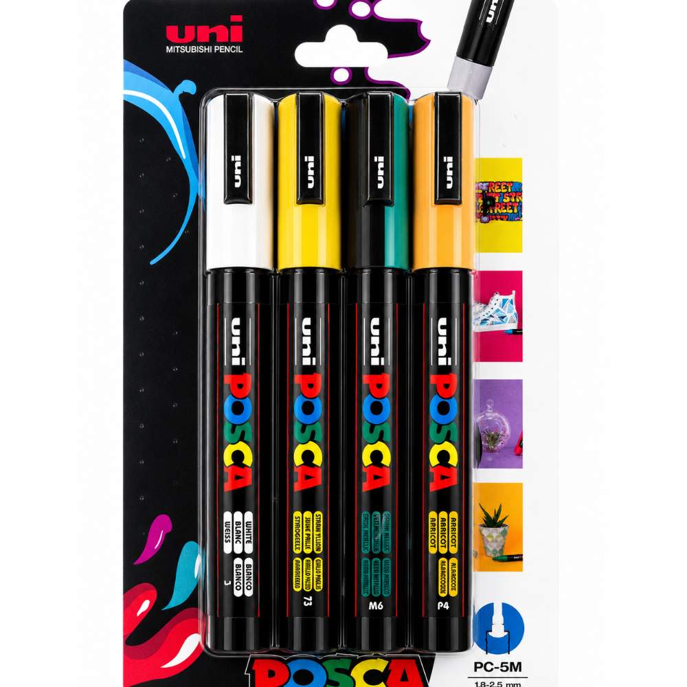 POSCA PC-5M Marker 4-Pen Set – Fluorescent Yellow and Professional Tones Selection