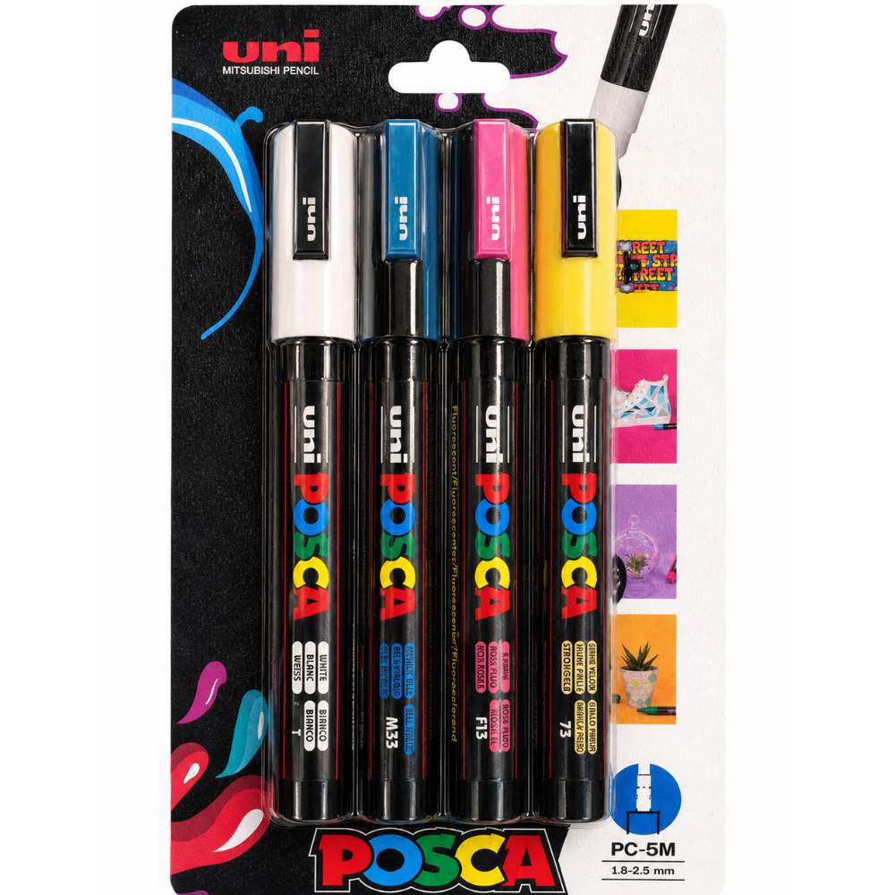 Estuche de 4 Marcadores POSCA PC-5M – Selección Amarillo Pajizo, Azul Metálico y Tonos Profesionales