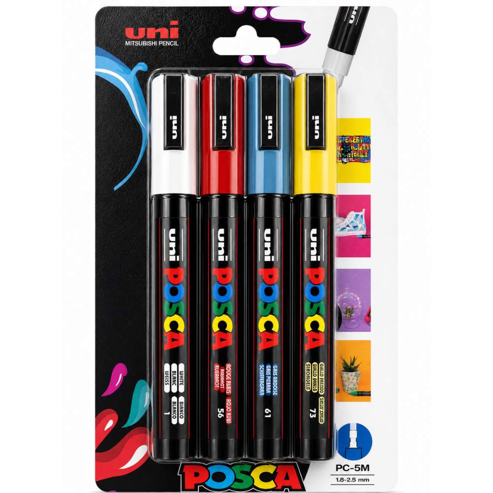 Estuche de 4 Marcadores POSCA PC-5M – Selección Amarillo Pajizo, Rojo Rubi y Tonos Profesionales
