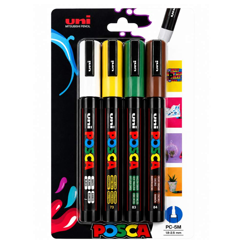 POSCA PC-5M Marker 4-Pen Set – Fluorescent Yellow and Professional Tones Selection