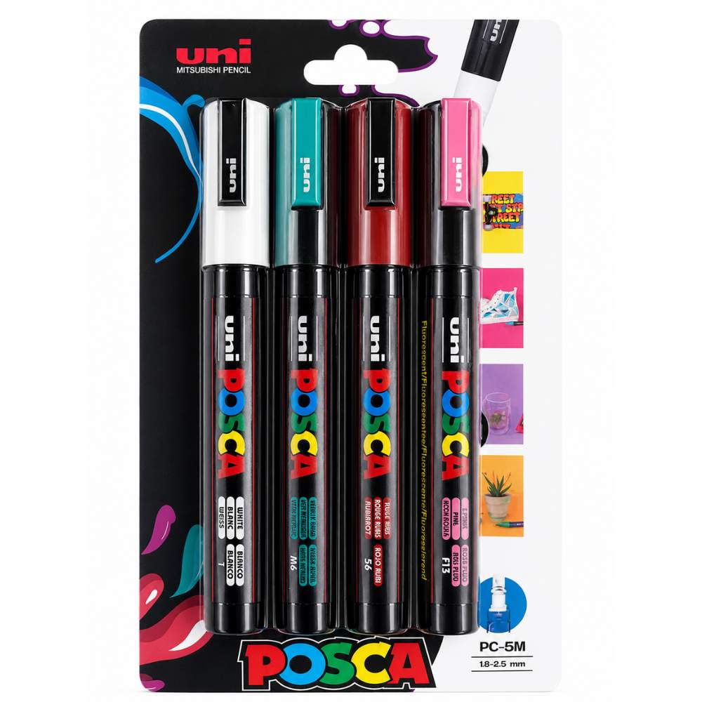 POSCA PC-5M Marker Set of 4 – Ruby Red and Professional Tones Selection