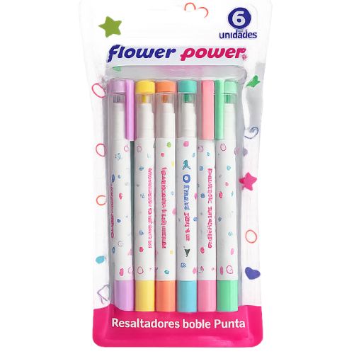 Estuche de 6 Marcadores Resaltadores doble punta fina y rectangular FLOWER POWER