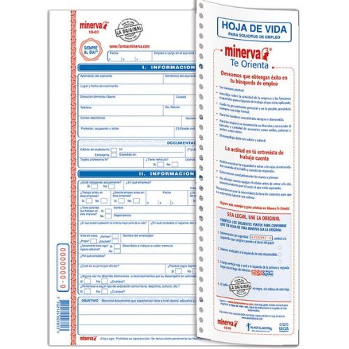 Hoja De Vida Minerva Para Solicitud de Empleo Azul referencia 1003 paquete por 20