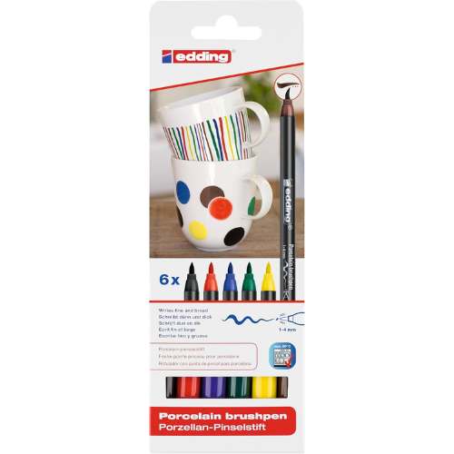 Juego de 6 Rotuladores o Marcadores para Porcelana edding 4200| Punta de Pincel (1-4 mm) para Pintar Cerámica, Cristal y Vidrio |Colores Surtidos Básicos