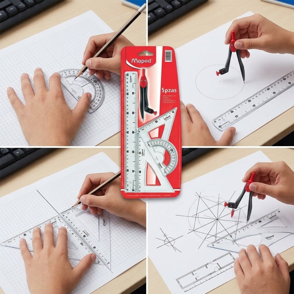 Kit Escolar Set de Reglas Juego Geométrico Maped 30 cm 5 Piezas con Compás