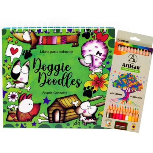 Kit Premium Anti estrés Doggie Doodles de Lala González: Libro de Colorear de Perritos y Lápices Artisan x24