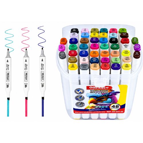 Kit de Marcadores Multi-trazo Offi-Esco 48 Colores - Punta Doble (Biselada y Fina)