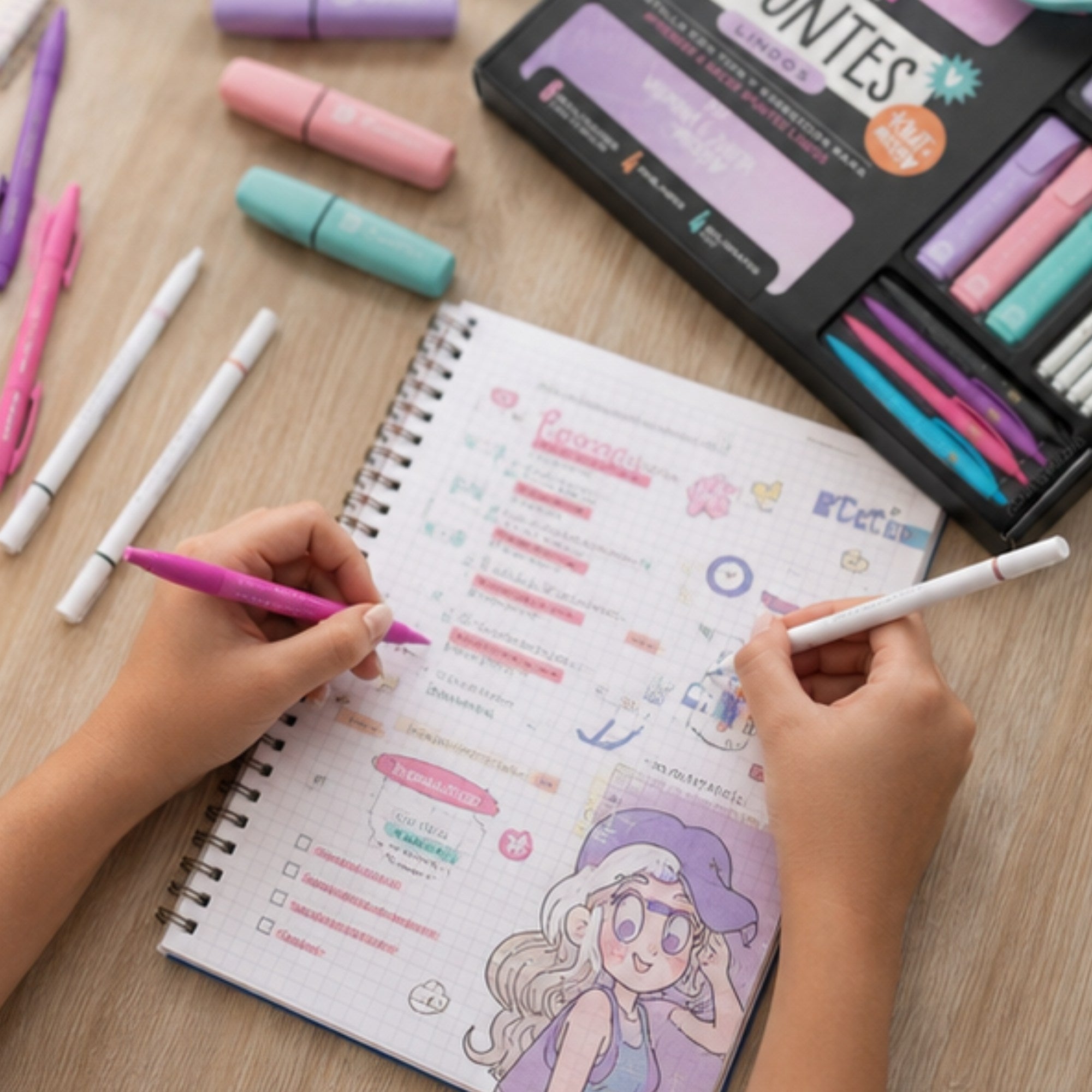 Kit de Apuntes Lindos KIUT x15 Piezas – Guía Creativa + Resaltadores, Fineliners y Bolígrafos