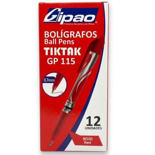 Caja X 12 Lapicero Retráctil 0.7mm TikTak GP115- Rojo
