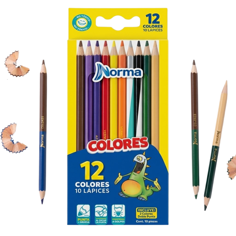 Lápices de Colores Norma Imágenes X12 Doble Punta Largo | Colores Escolares