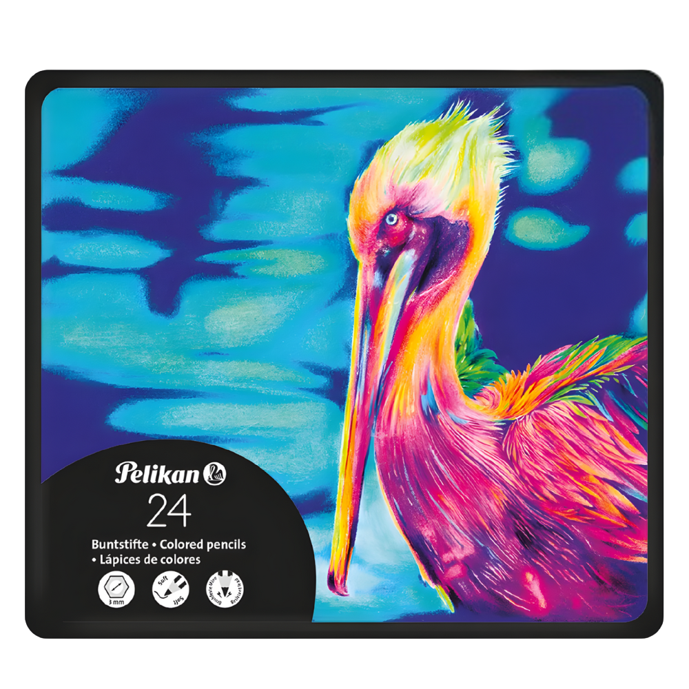 Lápices de Colores Pelikan Premium X24 Caja Metálica | Colores Artísticos, Hexagonales, Mina 3,3 mm