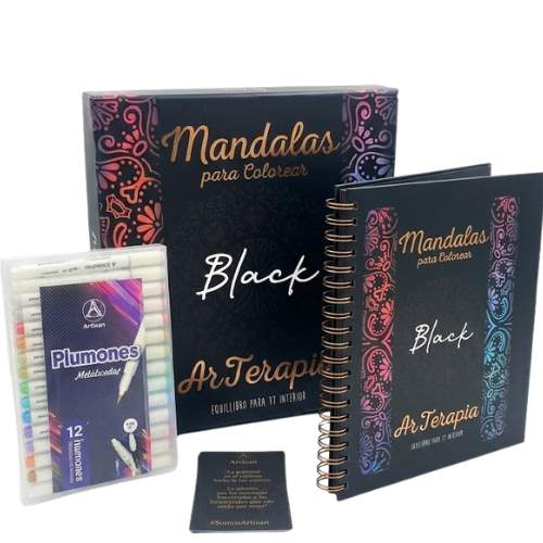 Libro de Mándalas mas caja de 12 Plumones Metalizados, marca Artisan - Black