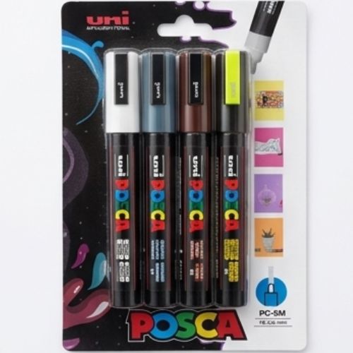 POSCA PC-5M Marker 4-Pen Set – Fluorescent Yellow and Professional Tones Selection