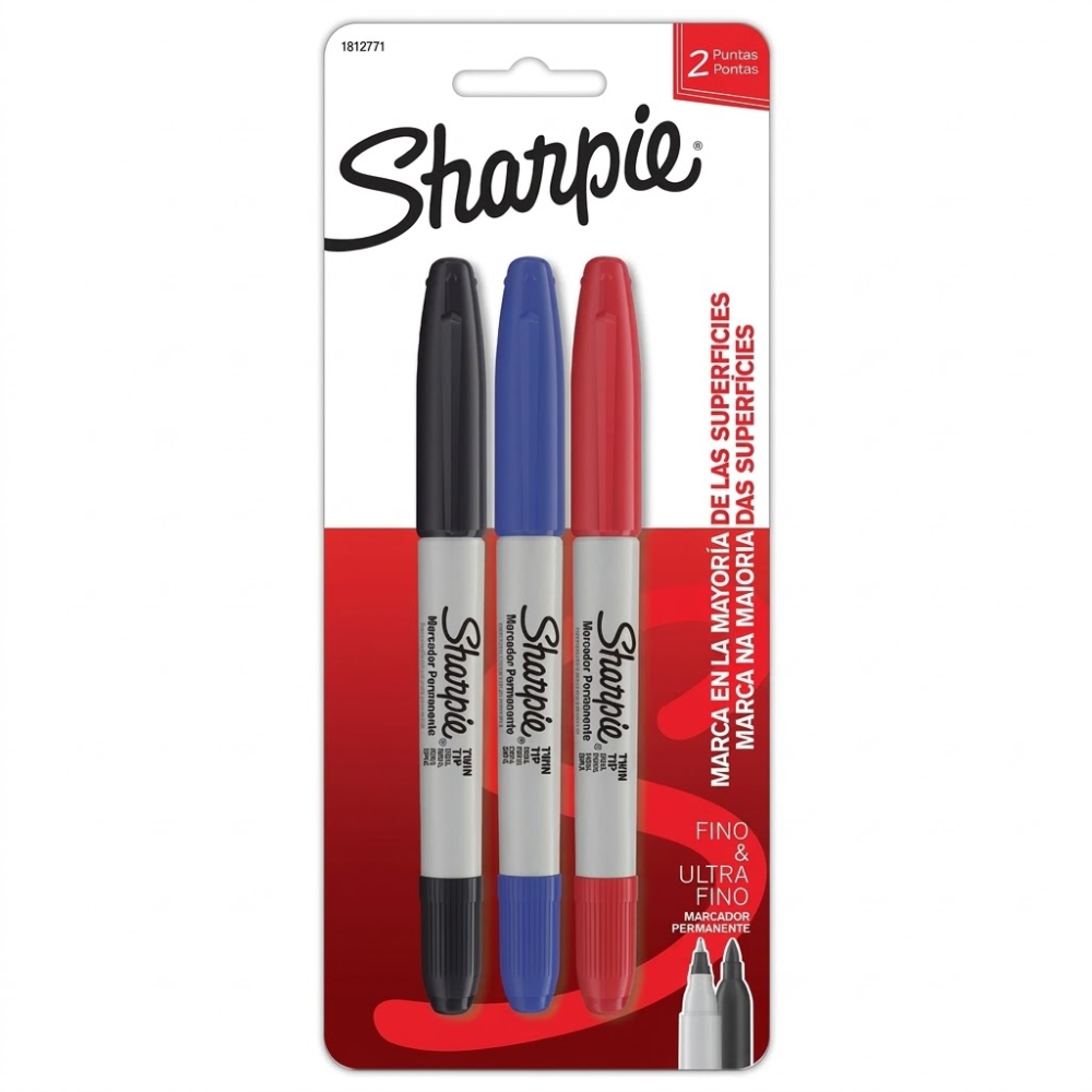 Marcadores Sharpie Twin Tip Doble Punta x3 – Negro, Rojo y Azul