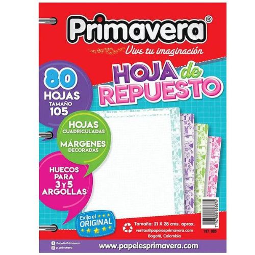 Repuesto de 80  Hojas Cuadriculada Para Folder 105 Estampada Primavera
