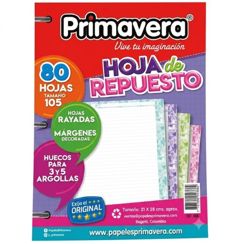 Repuesto de 80 Hojas a Rayas Para Folder 105 Estampada Primavera