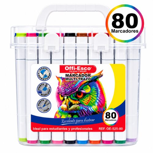 Set de 80 Marcadores Profesionales Offi-Esco - Punta Doble (Biselada y Fina)